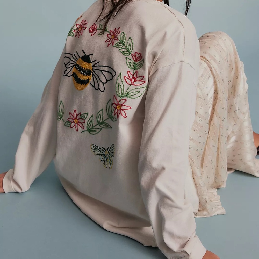 We the Free Oversized White Long Sleeve Shirt with Nature Embroidery